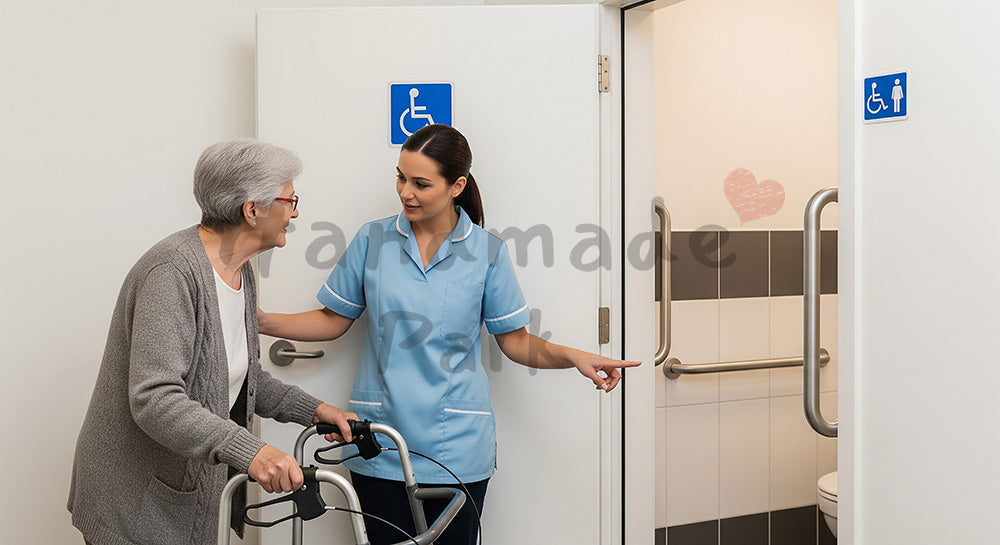 フリー素材 無料 写真｜バリアフリートイレ前でトイレ動作をサポートする外国人の介護スタッフと外国人の高齢者 写真背景