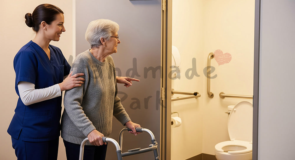 フリー素材 無料 写真｜バリアフリートイレ前でトイレ動作をサポートする外国人の介護スタッフと外国人の高齢者 背景素材