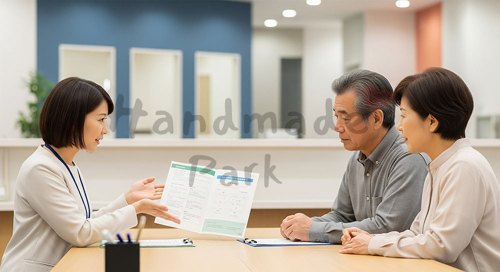 フリー素材 無料 写真｜地域包括支援センター風窓口で介護保険サービスを説明する社会福祉士 写真背景