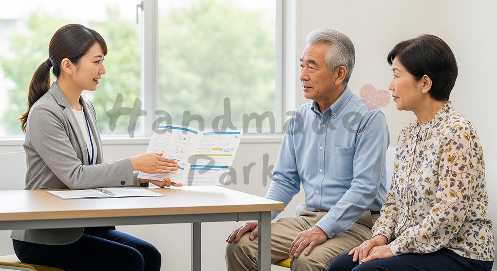 フリー素材 無料 写真｜地域包括支援センター風窓口で介護保険サービスを説明する社会福祉士