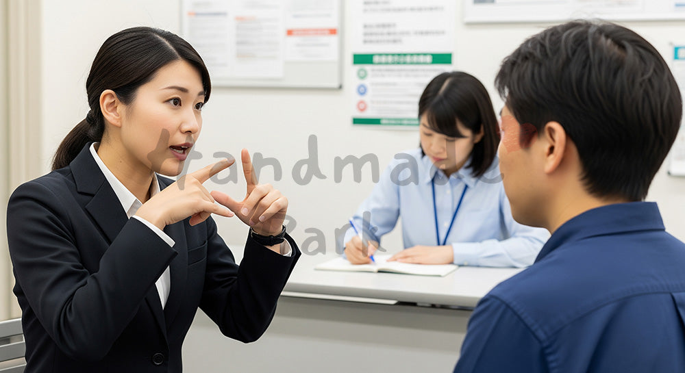 フリー素材 無料 写真｜手話通訳者と聴覚障害者が福祉相談室でコミュニケーションする様子 背景素材