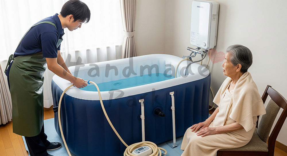 フリー素材 無料 写真｜訪問入浴サービスの準備をするスタッフと自宅リビングの高齢者 余白あり