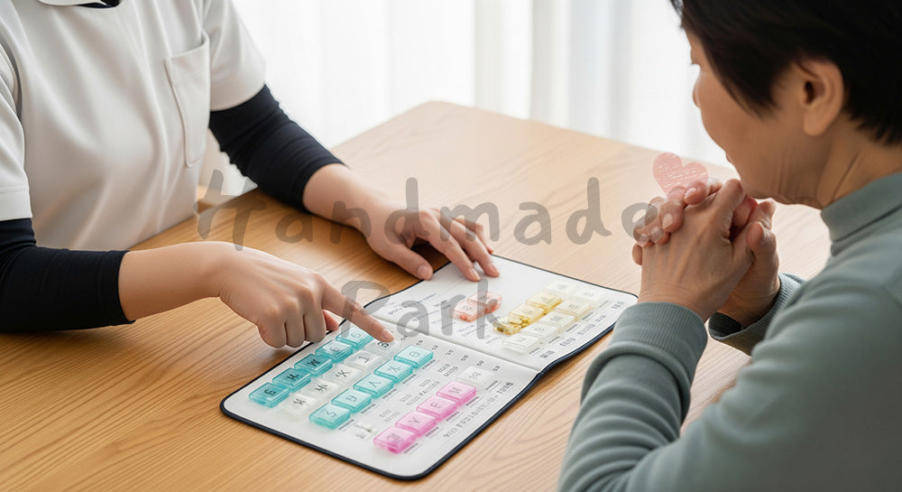 フリー素材 無料 写真｜薬カレンダーを使って服薬時間を確認する介護スタッフと高齢者 余白あり