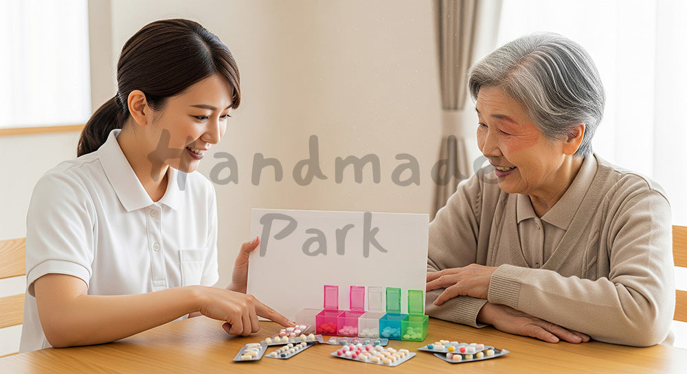フリー素材 無料 写真｜薬カレンダーを使って服薬時間を確認する介護スタッフと高齢者 写真背景