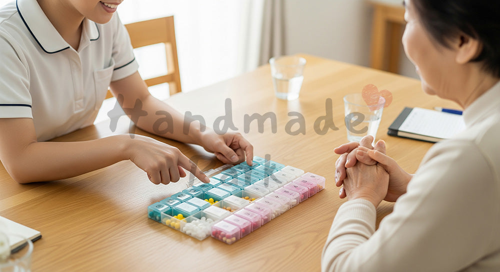 フリー素材 無料 写真｜薬カレンダーを使って服薬時間を確認する介護スタッフと高齢者 背景素材