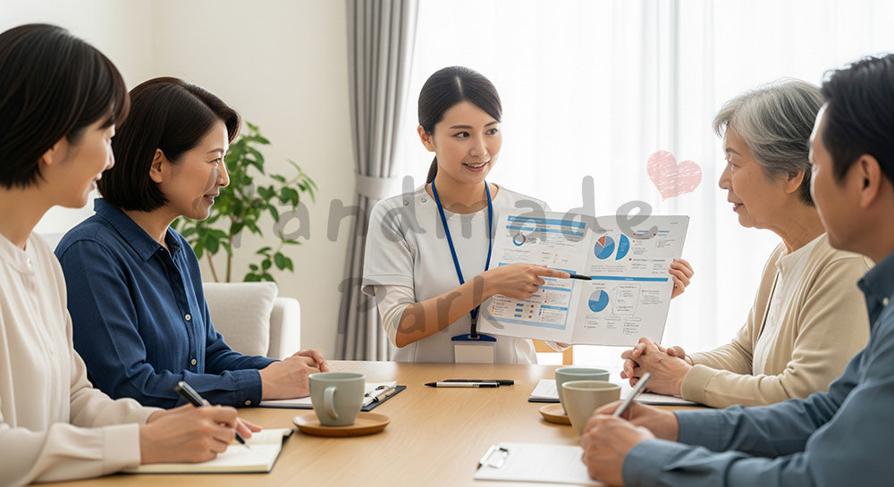 フリー素材 無料 写真｜ケアマネジャーと家族・高齢者がケアプランを話し合うリビングの様子 背景素材
