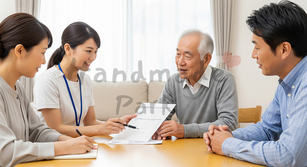 フリー素材 無料 写真｜ケアマネジャーと家族・高齢者がケアプランを話し合うリビングの様子