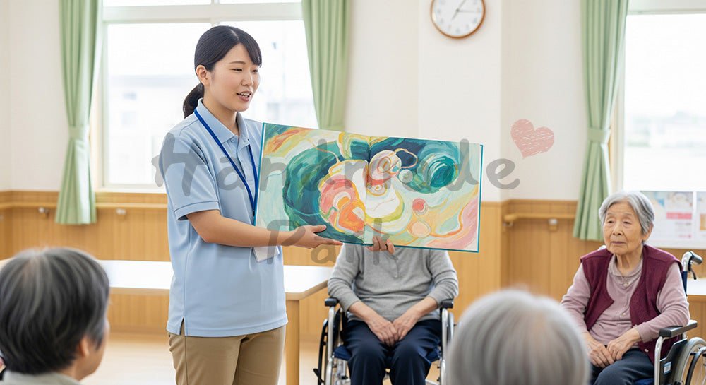フリー素材 無料 写真｜デイサービスで絵本の読み聞かせを楽しむ高齢者と介護スタッフ