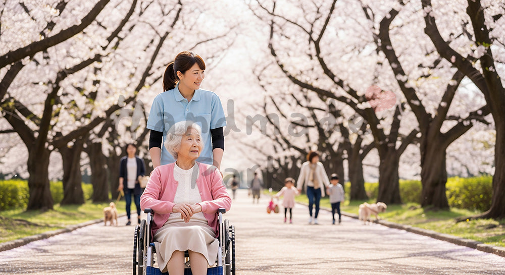 フリー素材 無料 写真｜桜並木の公園を車いすの高齢者と散歩する介護スタッフ 余白あり