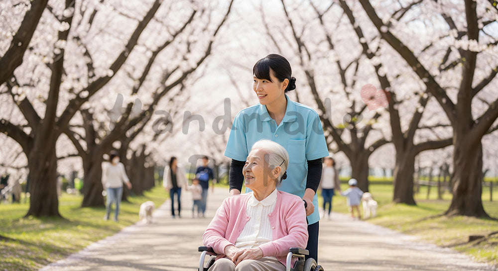 フリー素材 無料 写真｜桜並木の公園を車いすの高齢者と散歩する介護スタッフ 写真背景