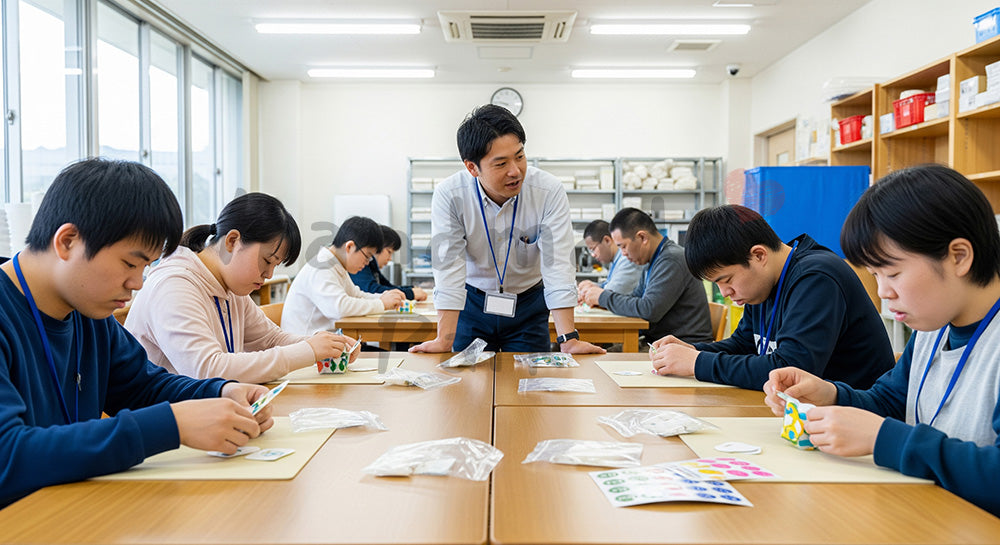 フリー素材 無料 写真｜就労継続支援事業所風の作業室で軽作業を行う利用者と支援員 余白あり