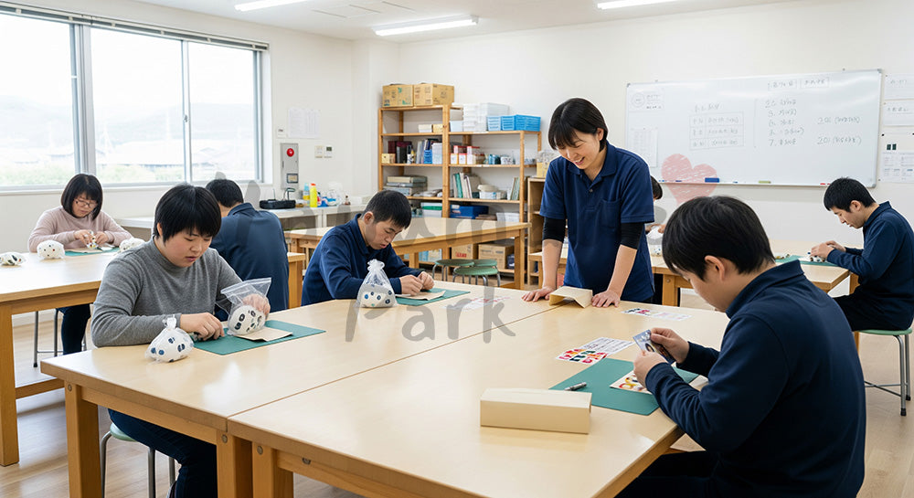 フリー素材 無料 写真｜就労継続支援事業所風の作業室で軽作業を行う利用者と支援員 写真背景