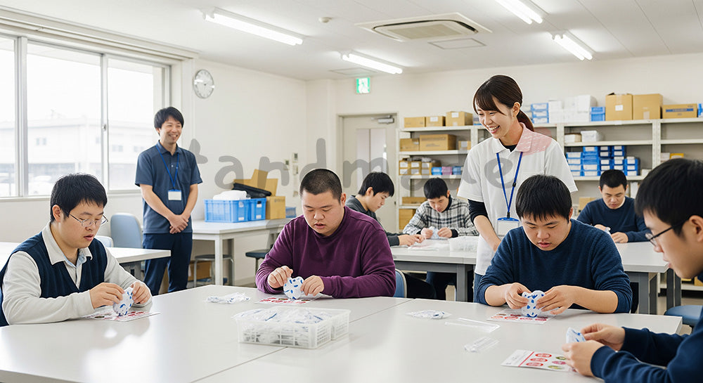 フリー素材 無料 写真｜就労継続支援事業所風の作業室で軽作業を行う利用者と支援員 背景素材