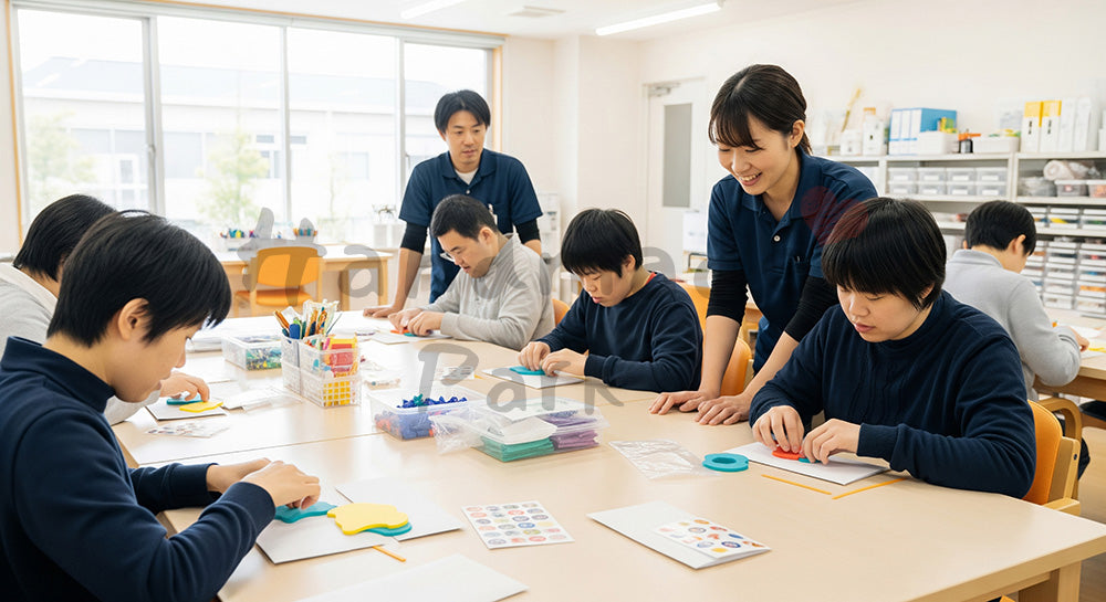 フリー素材 無料 写真｜就労継続支援事業所風の作業室で軽作業を行う利用者と支援員