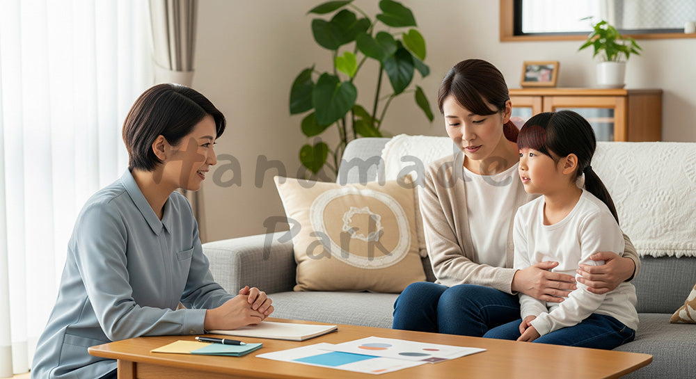 フリー素材 無料 写真｜ひとり親家庭のリビングで相談に応じるソーシャルワーカー 余白あり