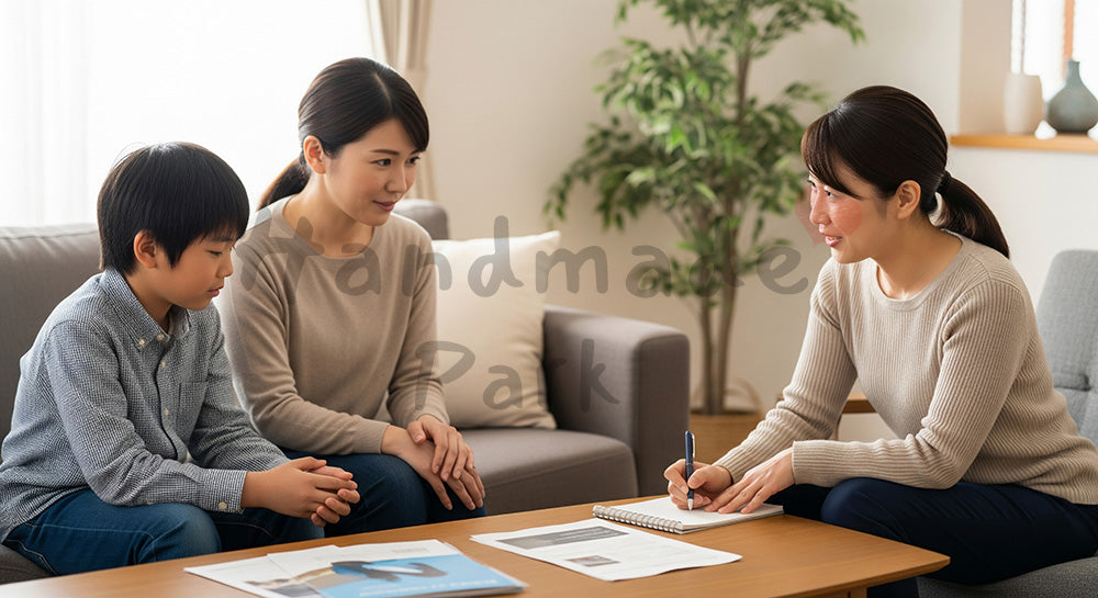 フリー素材 無料 写真｜ひとり親家庭のリビングで相談に応じるソーシャルワーカー 背景素材