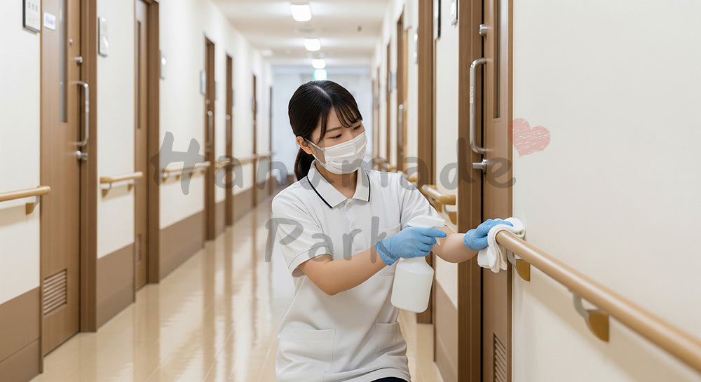 フリー素材 無料 写真｜介護施設の廊下で手すりを消毒・清掃する介護スタッフ 背景素材