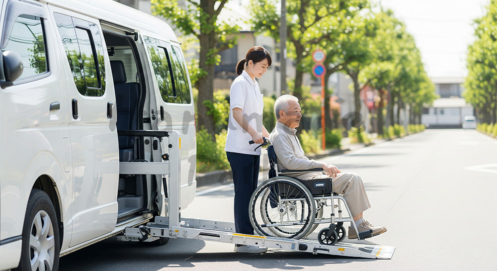 フリー素材 無料 写真｜福祉車両のスロープを使って車いすの高齢者を乗車させる介護スタッフ 写真背景