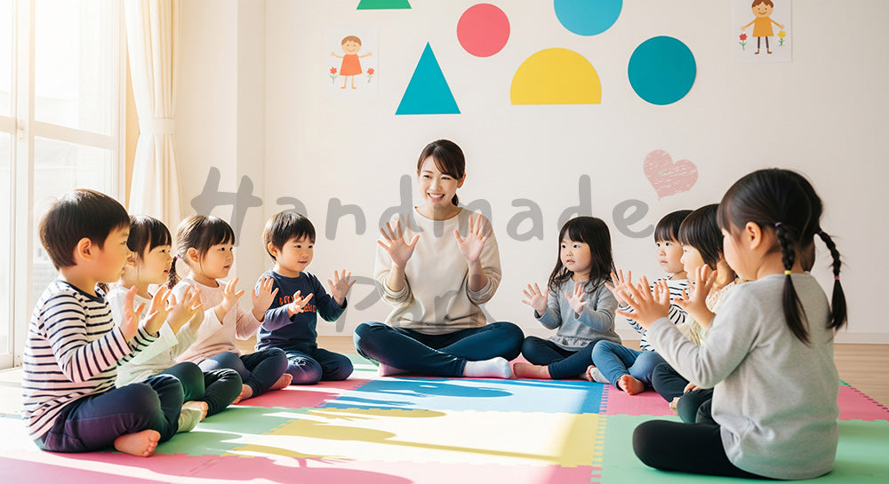 フリー素材 無料 写真｜朝の会で手遊び歌をする園児と保育士の輪 写真背景
