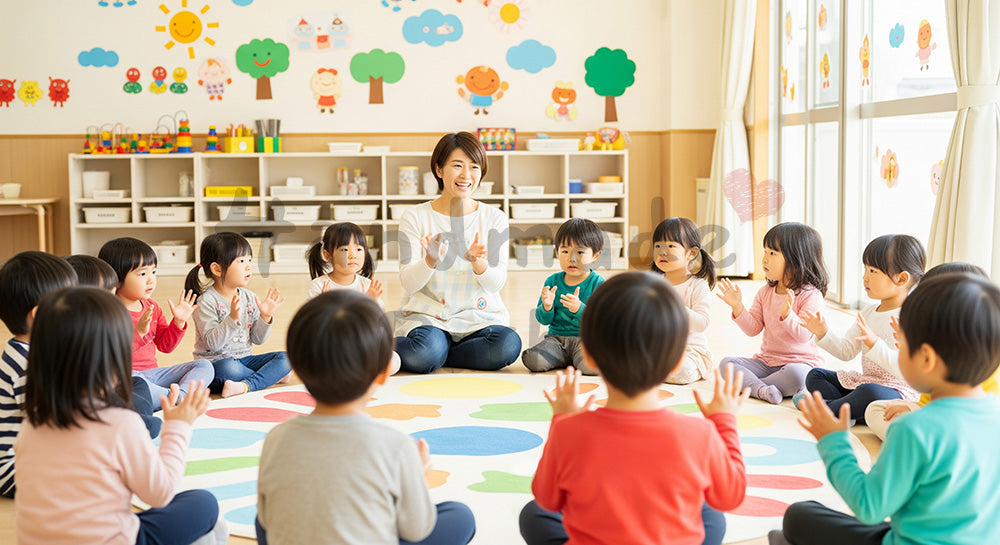 フリー素材 無料 写真｜朝の会で手遊び歌をする園児と保育士の輪 背景素材