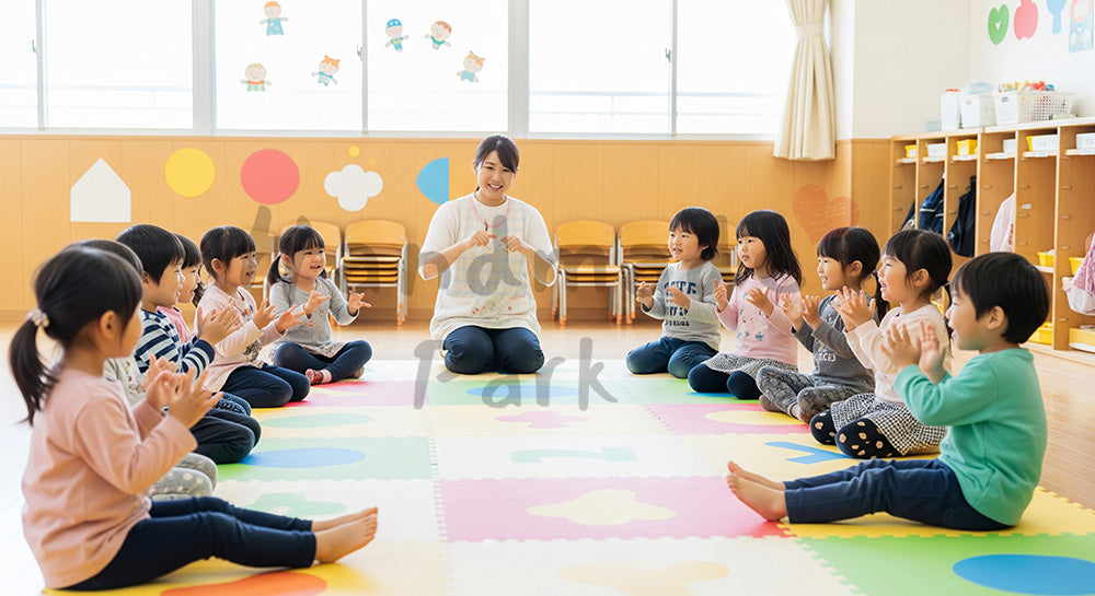 フリー素材 無料 写真｜朝の会で手遊び歌をする園児と保育士の輪