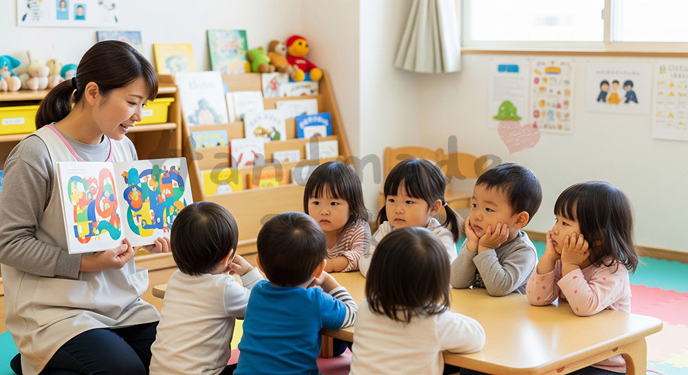 フリー素材 無料 写真｜絵本の読み聞かせをする日本人保育士と園児たち 余白あり