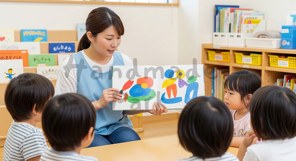 フリー素材 無料 写真｜絵本の読み聞かせをする日本人保育士と園児たち 写真背景