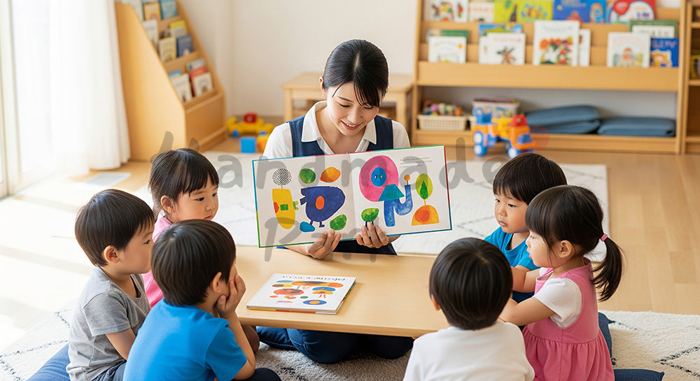 フリー素材 無料 写真｜絵本の読み聞かせをする日本人保育士と園児たち 背景素材
