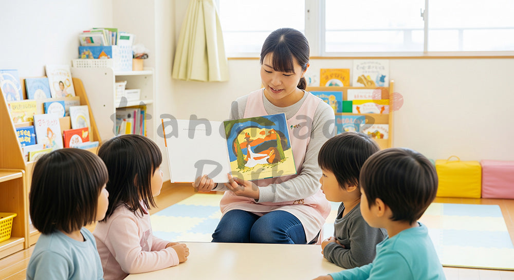 フリー素材 無料 写真｜絵本の読み聞かせをする日本人保育士と園児たち
