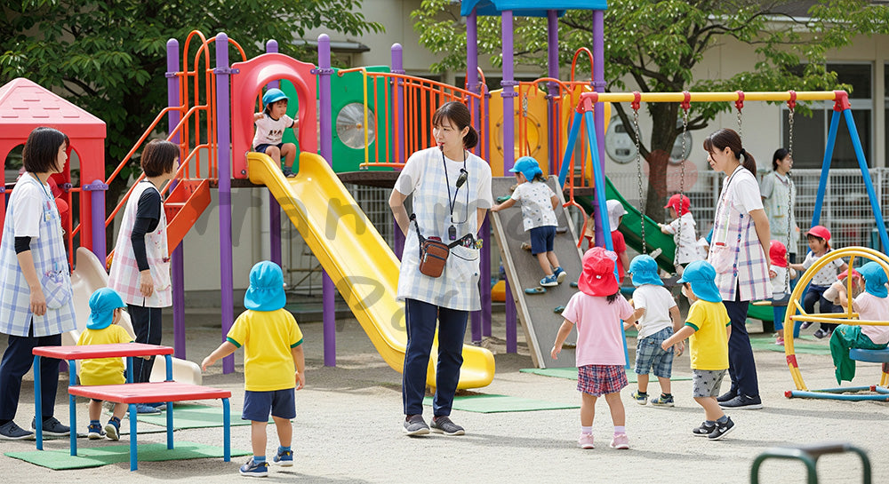 フリー素材 無料 写真｜園庭で遊ぶ園児たちを安全に見守る日本人保育士 写真背景