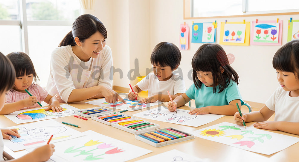 フリー素材 無料 写真｜お絵かき中の園児をサポートする日本人保育士 背景素材