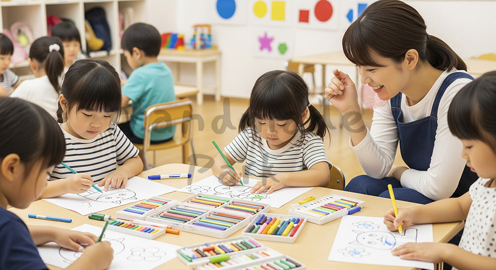 フリー素材 無料 写真｜お絵かき中の園児をサポートする日本人保育士