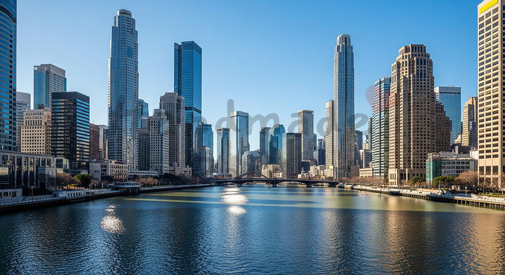 フリー素材 無料 写真｜青空と川沿いの高層ビル群都市イメージの高解像度背景写真