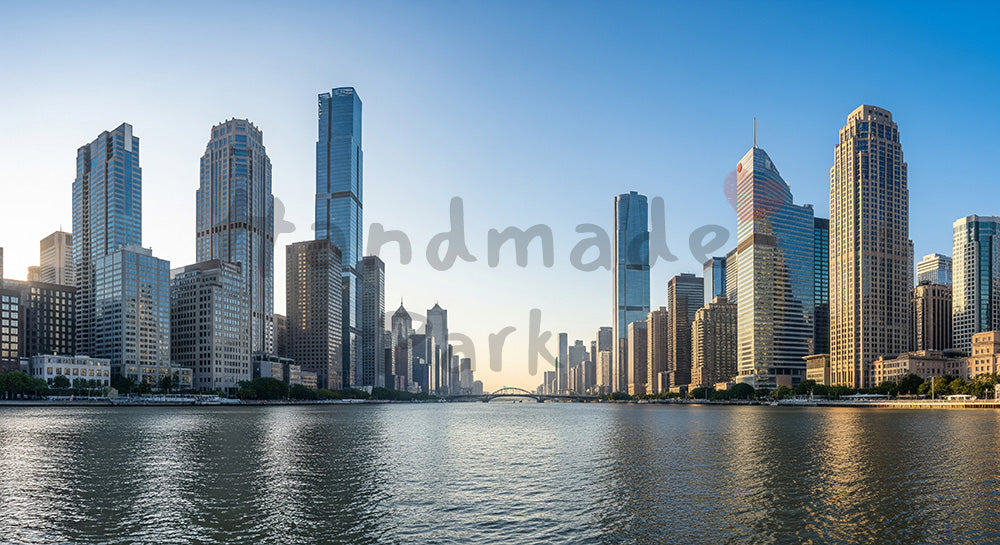 フリー素材 無料 写真｜都市イメージの高解像度背景写真のある青空と川沿いの高層ビル群