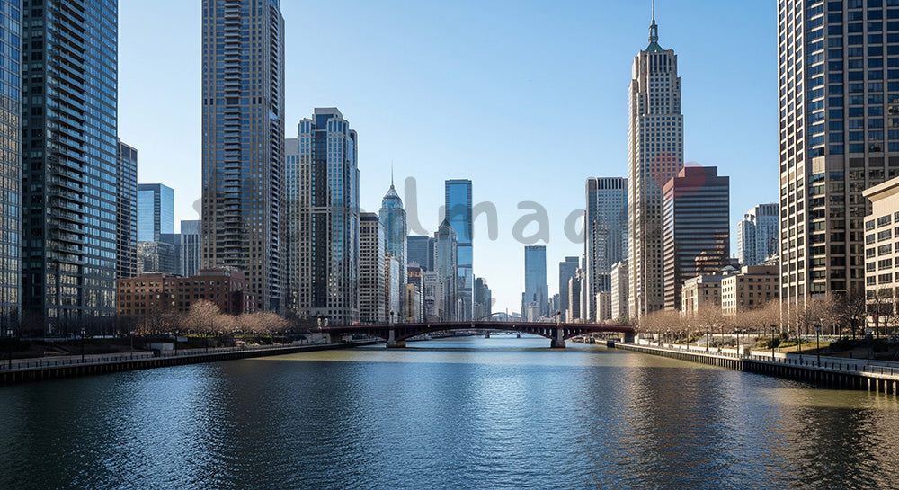 フリー素材 無料 写真｜青空と川沿いの高層ビル群、都市イメージの高解像度バックグラウンド写真