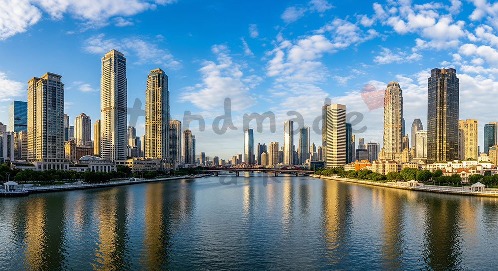 フリー素材 無料 写真｜青空と川沿いの高層ビル群、都市イメージの高解像度背景写真