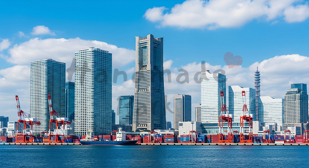 フリー素材 無料 写真｜都市と海のスカイライン背景写真のある青空と湾岸の高層ビル群