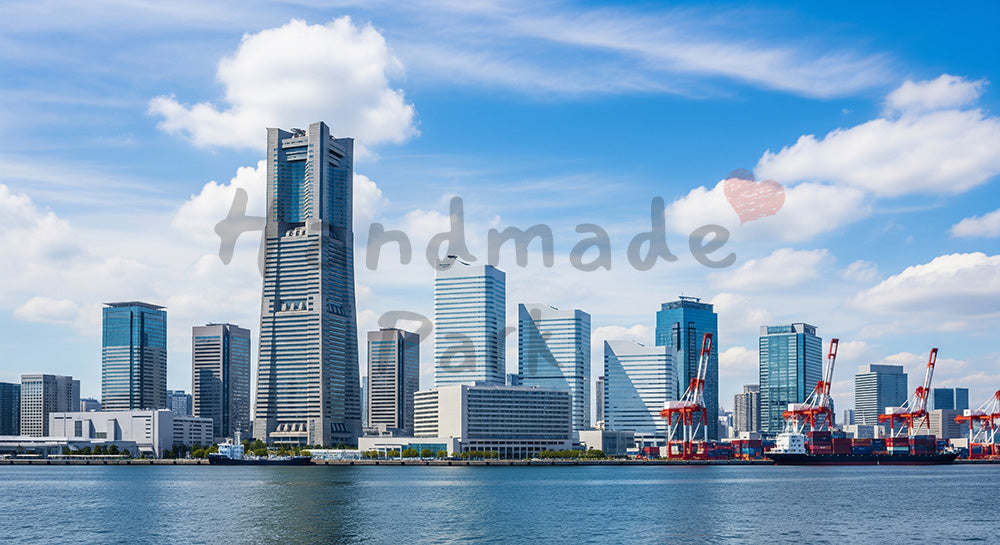 フリー素材 無料 写真｜青空と湾岸の高層ビル群、都市と海のスカイラインバックグラウンド写真