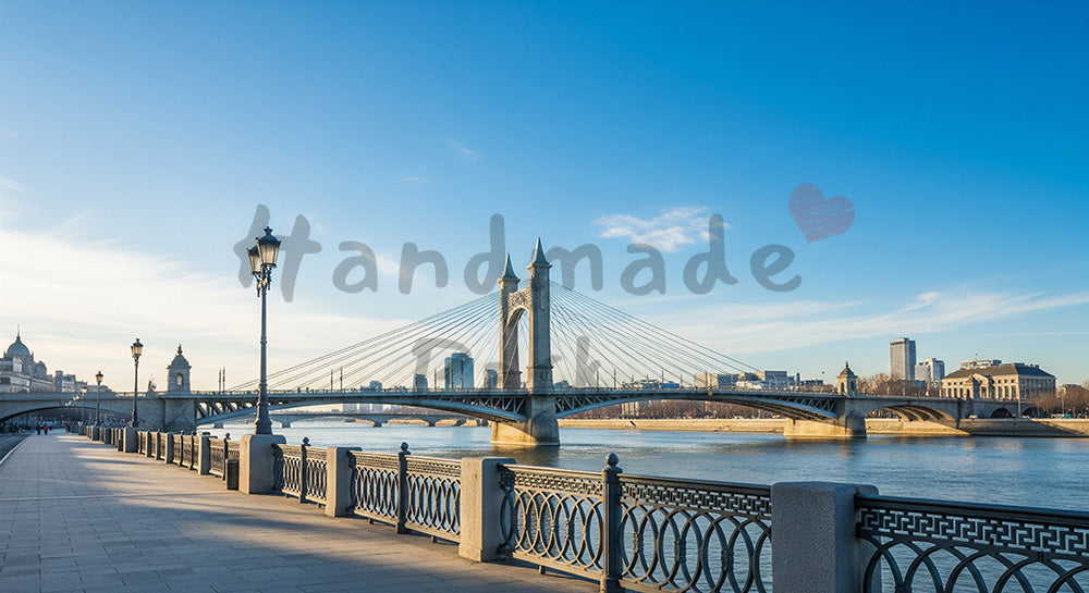 フリー素材 無料 写真｜川沿いから望む橋と青空、都市生活を感じる背景写真