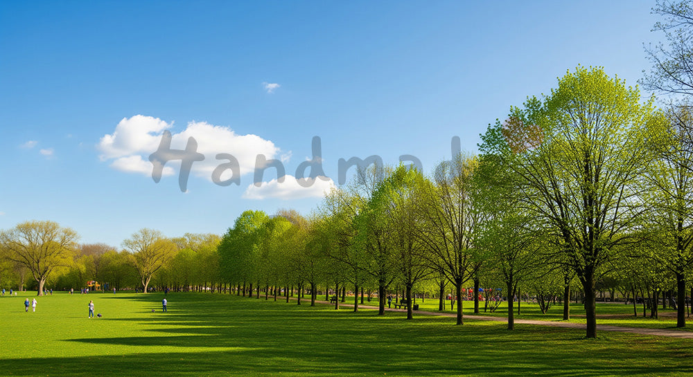 フリー素材 無料 写真｜青空と新緑の芝生公園が爽やかな春のワイド風景、テキストを載せやすいスペース設計のデザイン向け背景素材 デザイナー向け