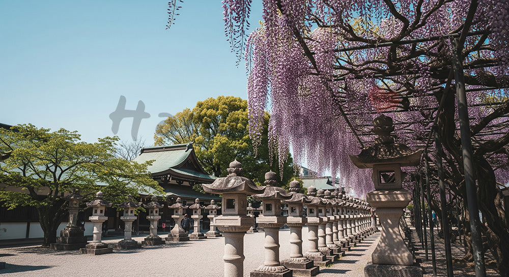 フリー素材 無料 写真｜青空に藤の花房が揺れる上品な和テイスト春バックグラウンド、ブランド要素なしで紙面やWebに使える素材 デザイナー向け