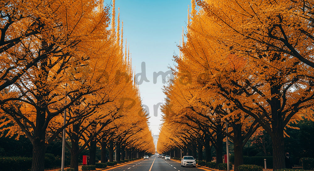 フリー素材 無料 写真｜青空に黄金色のイチョウ並木が伸びる秋のワイド風景、季節感のある広告やWebに使えるバックグラウンド素材 デザイナー向け