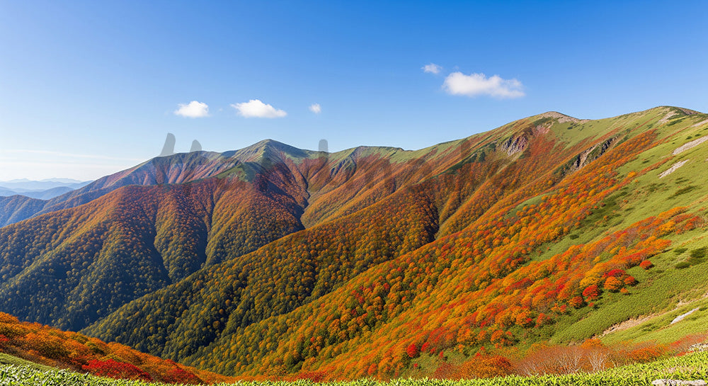 フリー素材 無料 写真｜山一面の紅葉と澄んだ青空をパノラマ風に切り取った秋景色、迫力とスペースを両立した横長背景写真 デザイナー向け 一枚