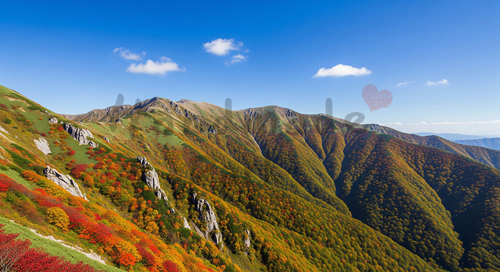 フリー素材 無料 写真｜山一面の紅葉と澄んだ青空をパノラマ風に切り取った秋景色、迫力と余白を両立した横長背景写真 デザイナー向け 一枚