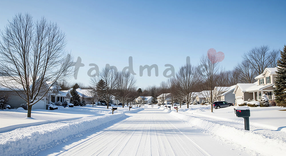 フリー素材 無料 写真｜汎用性の高い横長背景素材 デザイナー向け 一枚のある雪の住宅街と快晴の青空が静かに広がる冬の日常風景