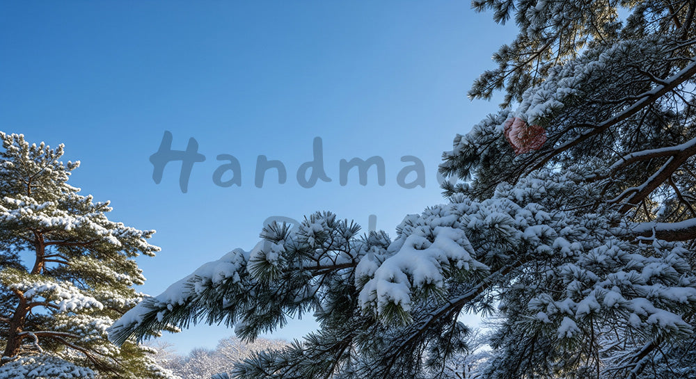 フリー素材 無料 写真｜雪をまとった松の枝と青空が美しい和の冬景色、年末年始のデザインにも使える横長背景写真 デザイナー向け