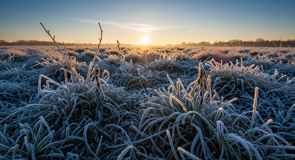フリー素材 無料 写真｜霜が降りた朝の草原と青空の透明感ある冬風景寒い季節の広告に使える横長背景写真 デザイナー向け
