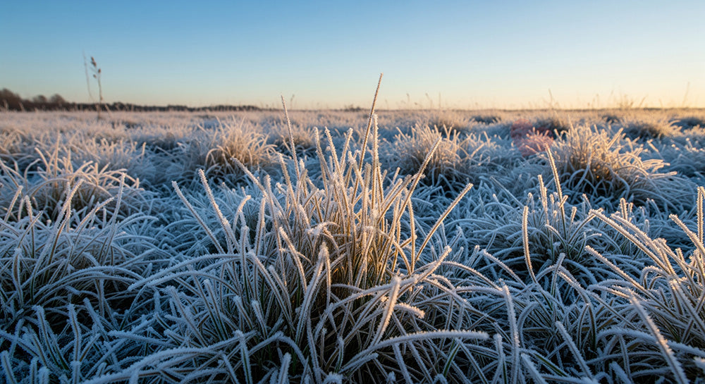 フリー素材 無料 写真｜寒い季節の広告に使える横長背景写真 デザイナー向けのある霜が降りた朝の草原と青空の透明感ある冬風景