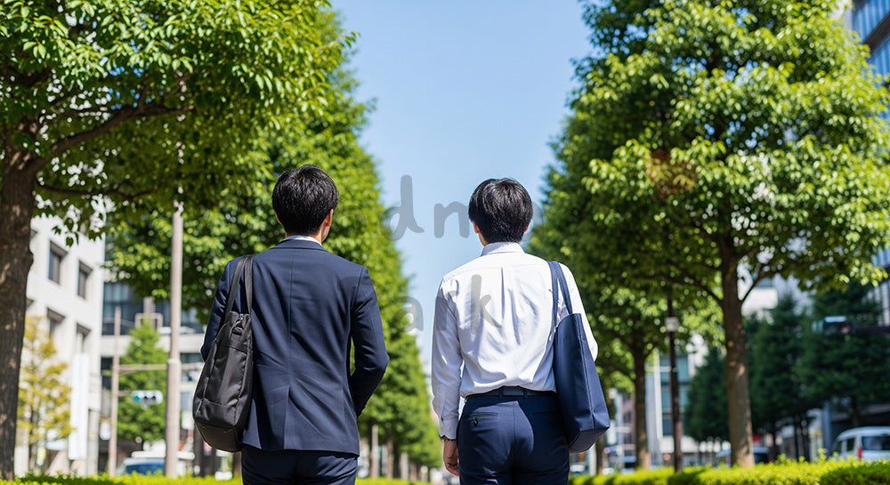 フリー素材 無料 写真｜爽やかな昼休みコミュニケーションのある青空の下で歩く日本人同僚の後ろ姿