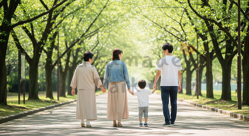 フリー素材 無料 写真｜青空の公園を歩く日本人3世代家族の後ろ姿、世代をつなぐ温かな散歩 背景素材